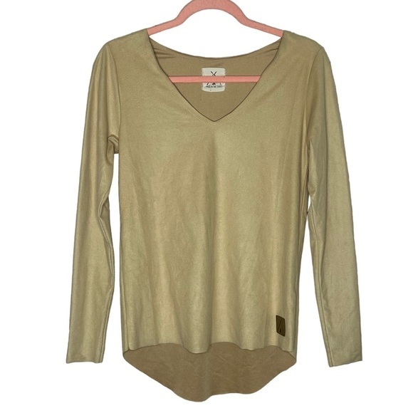 Tribe Kelley Faux Suede Tan Long Sleeve High Low V-Neck Top - Picture 1 of 12